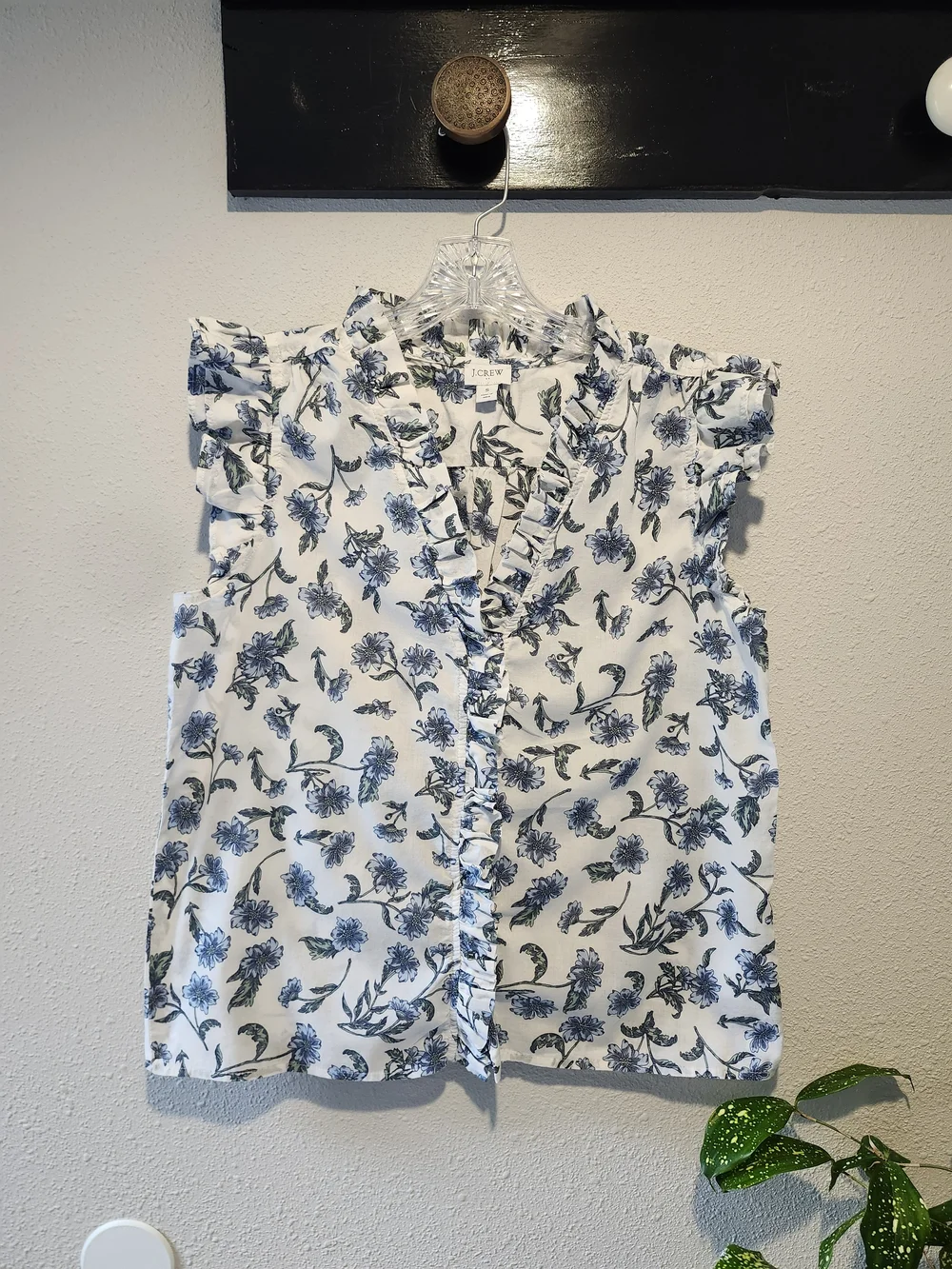 J. Crew Cream Sleeveless Ruffle Floral Camisole with Blue Print
